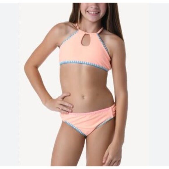 Hobie Kids Sandy Shells Keyhole High Neck Bikini Set Halter Peach & Blue Size 16 - Picture 1 of 5
